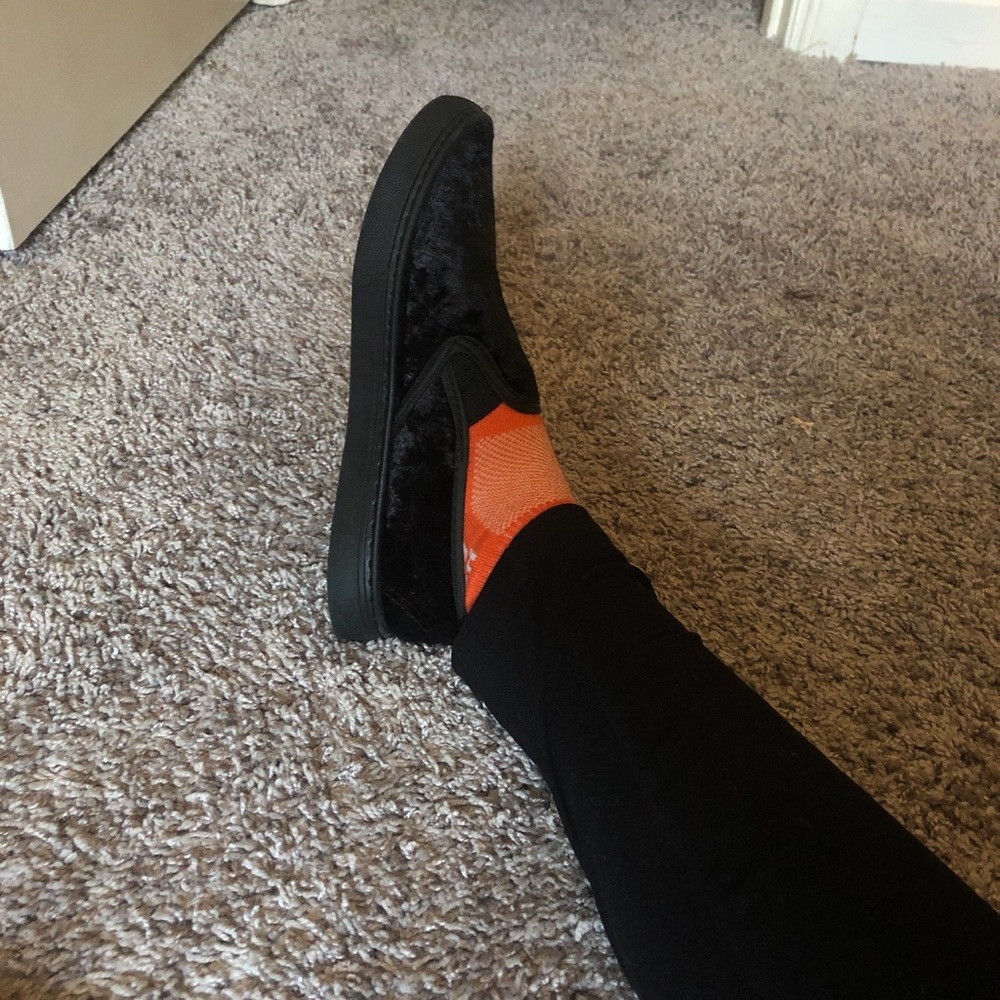 Black velvet slip ons